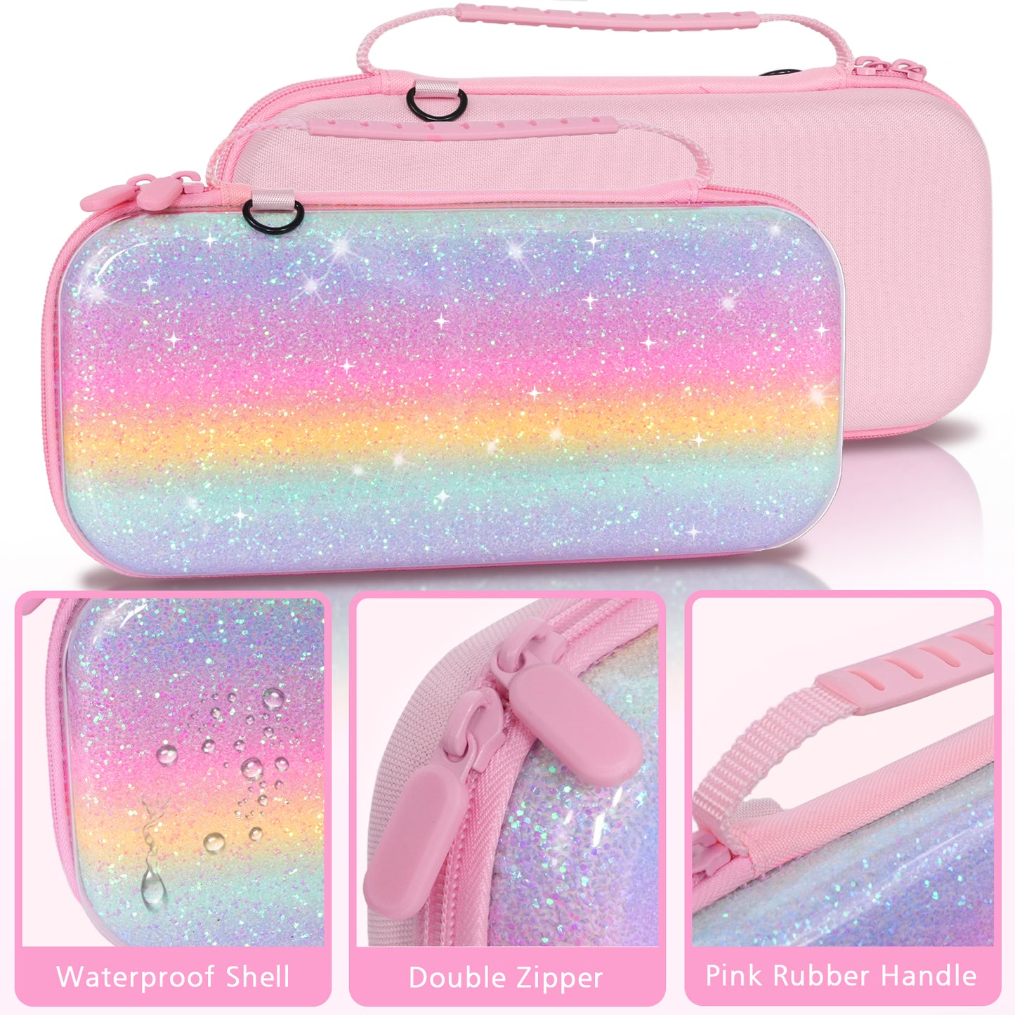 TIKOdirect Glitter Rainbow Pink Carrying Case for Switch 2(2025)/ Switch/ OLED