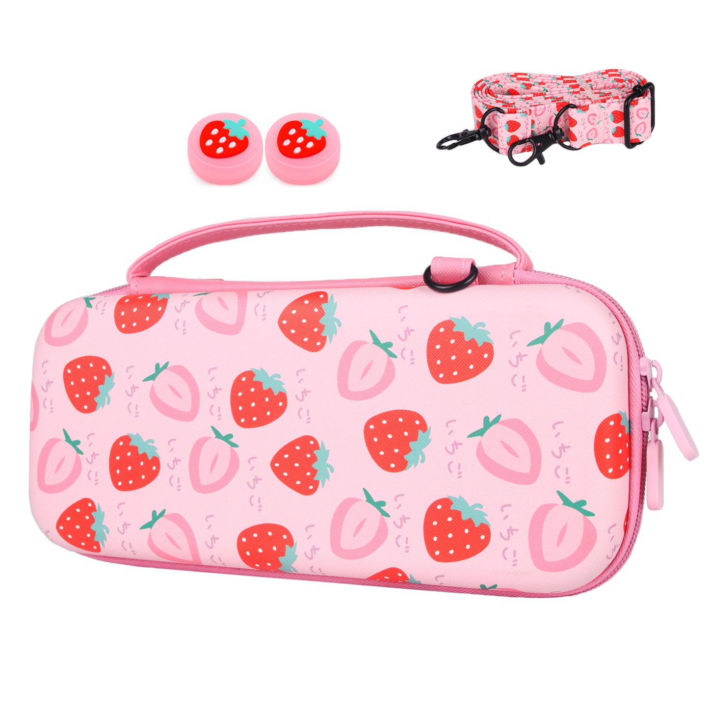 TIKOdirect Strawberry Carrying Case for Nintendo Switch & OLED , Cute Portable Travel Bag with a Shoulder Strap and 2 Thumb Grip Caps