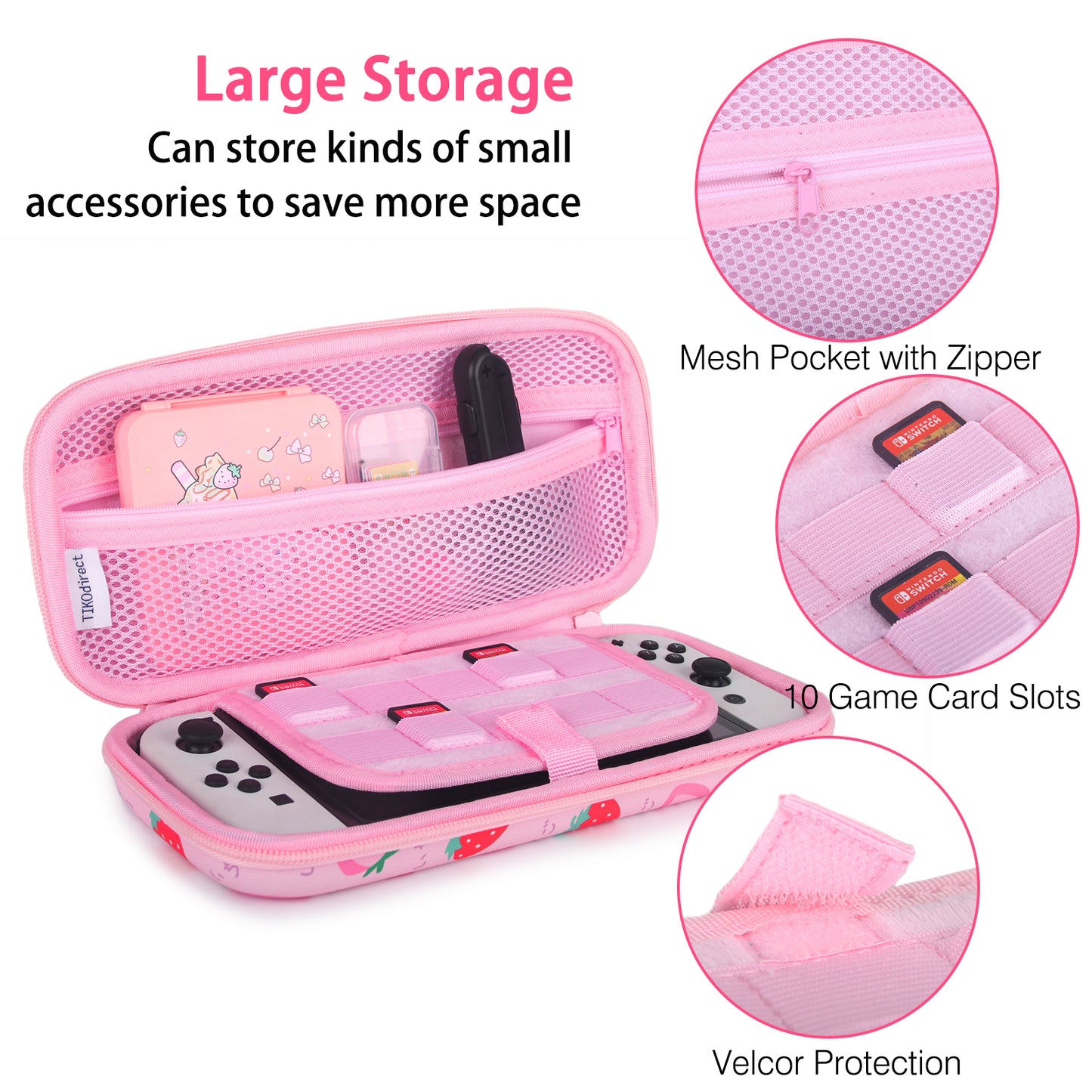 TIKOdirect Strawberry Carrying Case for Nintendo Switch & OLED , Cute Portable Travel Bag with a Shoulder Strap and 2 Thumb Grip Caps