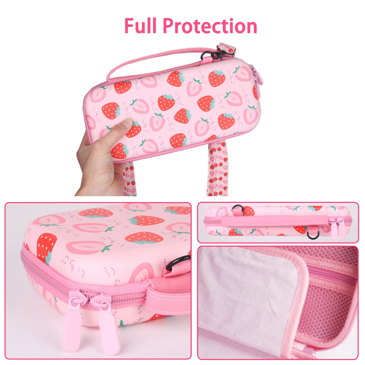 TIKOdirect Strawberry Carrying Case for Nintendo Switch & OLED , Cute Portable Travel Bag with a Shoulder Strap and 2 Thumb Grip Caps