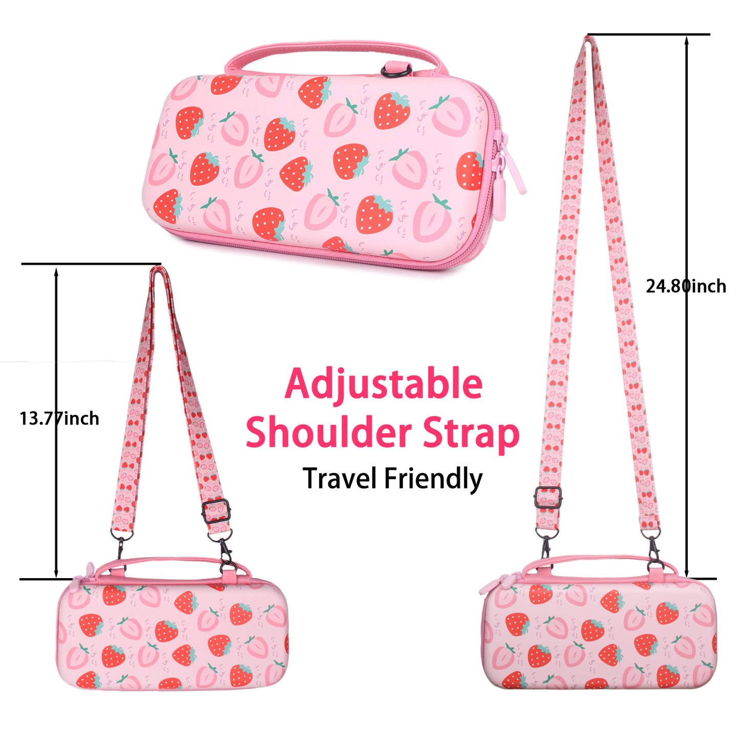 TIKOdirect Strawberry Carrying Case for Nintendo Switch & OLED , Cute Portable Travel Bag with a Shoulder Strap and 2 Thumb Grip Caps