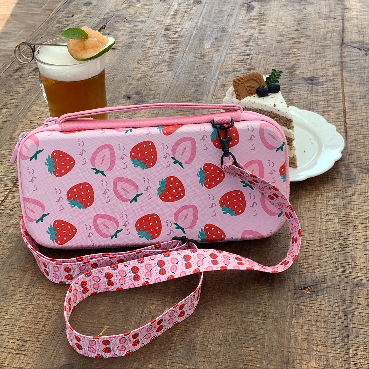 TIKOdirect Strawberry Carrying Case for Nintendo Switch & OLED , Cute Portable Travel Bag with a Shoulder Strap and 2 Thumb Grip Caps